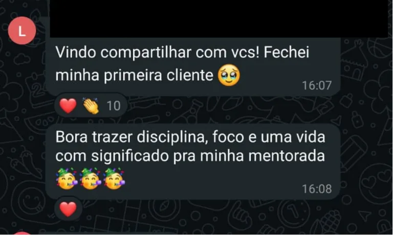 Depoimento de mentorado no WhatsApp