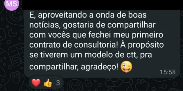Depoimento de mentorado no WhatsApp